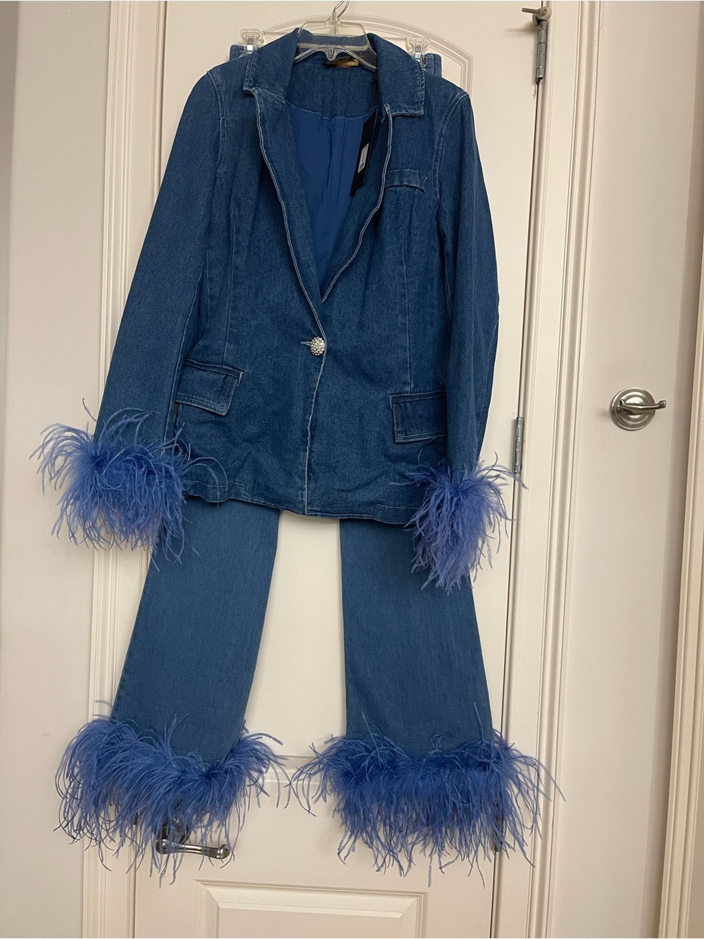Fashion Nova Blue Feather-Trim Denim Jacket & Wide Leg Jeans
